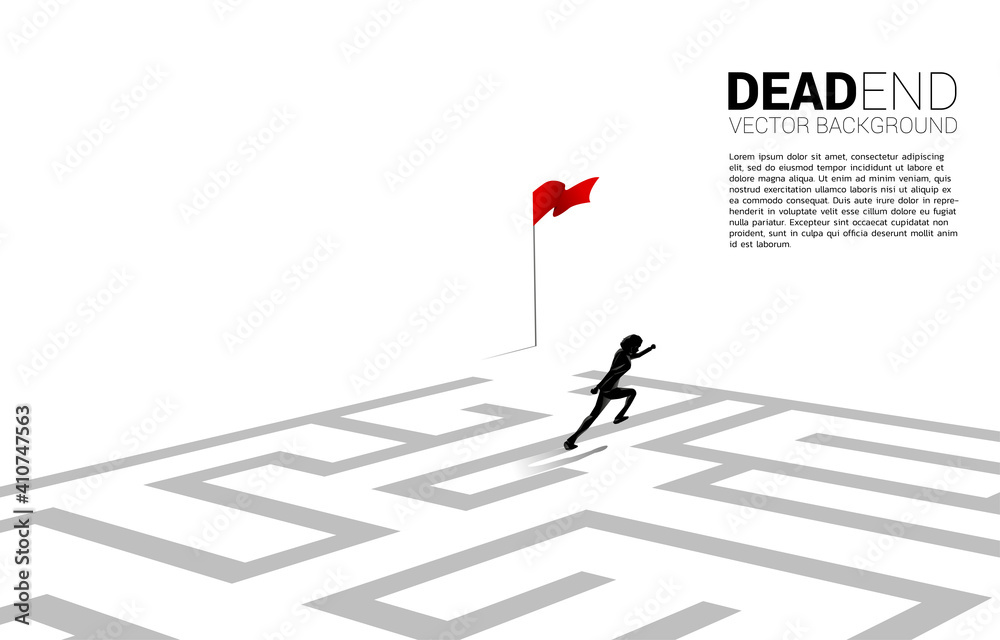 Poster Silhouette of businessman running to exit the maze. Business concept for problem solving and finding idea.