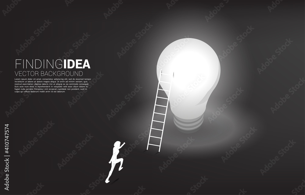 Poster silhouette of businessman running to ladder on light bulb . business concept of creative idea and so