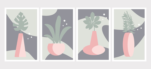 tropical leaves in vases, posters in minimalism style, pastel colors, modern graphics