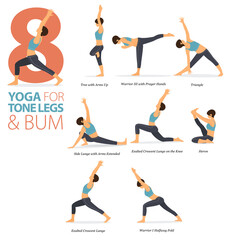 8 Yoga poses or asana posture for workout in Tone legs and bum concept. Women exercising for body stretching. Fitness infographic. 