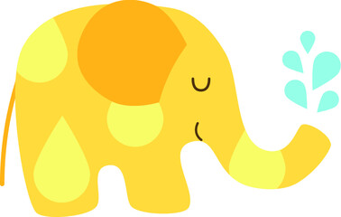 Cute cartoon elephant character with circle pattern with water drops. Yellow isolated on white background. Flat vector illustration