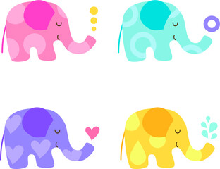 Set of four cute characters cartoon kawaii elephants: pastel blue, yellow, lilac and pink with different patterns. Baby children colors. Isolated on white background. Flat vector illustration