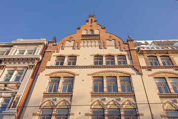 Facades and roofs of ancient buildings of the 19th century in the Ulyanin area, Helsinki, Finland