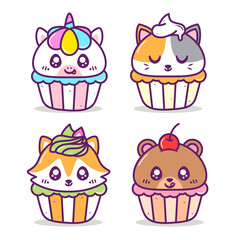 group of cute colorful animals cupcake