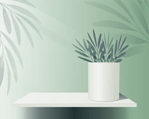 Abstract minimal scene with shelf and home plants. Podium on green background for product presentation, mockup. Stage pedestal to show cosmetic product display. 3d vector podium or platform