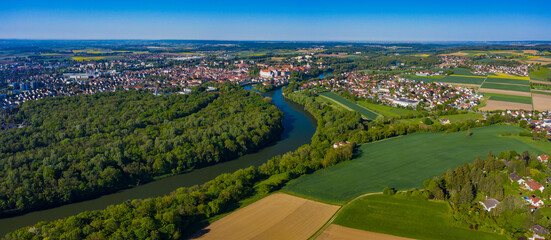 Fototapeta na wymiar Aerial view of the city Neuburg an der Donau in Germany, Bavaria on a sunny spring day 