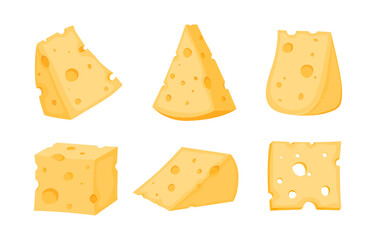 Set of cheese parts and slices isolated on a white background. Cheese flat icon. Vector Head of cheese in flat style isolated on white background.