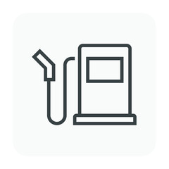 Fuel dispenser with rectangular display, hose and angled nozzle, black outline. Petrol station service icon for refueling facilities, automotive travel guides, fuel retail maps and transport design. © DifferR