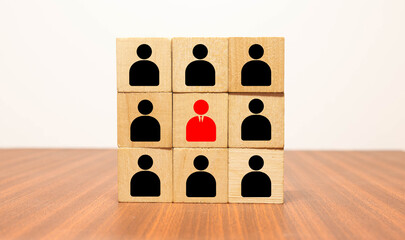 Business hierarchy chart made of wooden cubes on table, copy space. Company, organization structure.