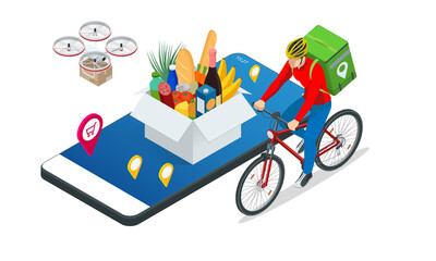 Isometric grocery store, online market, home delivery. grocery shopping online. Buying fresh vegetables, fruits, milk, bread, sausage through the smartphone while sitting at home.