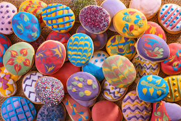 Homemade, freshly baked and decorated, colorful Easter cookies.