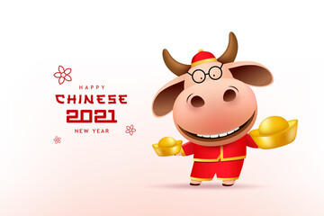 Happy Chinese new year 2021, Cute male cow, red cheongsam dress holding chinese gold, chinese new year character zodiac cartoon, EPS 10 vector illustration