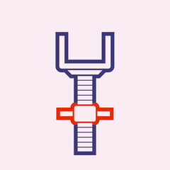 U-head jack scaffolding icon. Item is a construction equipment part of scaffold and formwork. Consist of adjustable screw and U-shape of steel. Use to hold square beam and adjust to different height.