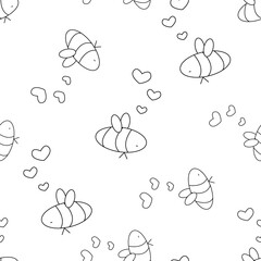 Seamless repeat outline patterns for coloring book. White black isolated cute bees are in love with hearts near their heads are arranged in no particular order