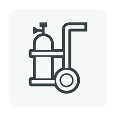 Oxygen tank or oxygen storage vessel in telescopic handle foldable trolley cart on wheels vector icon design. For medical breathing, therapy in hospital and welding, cutting work in construction site.
