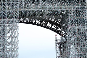 A closeup on the scaffolfing of the Eiffel Tower. the 4th February 2021.