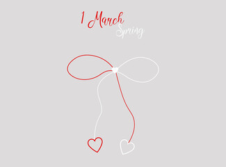 Cute martisor with hearts, isolated, red and white, hello spring, 1 March, 8 March, spring symbol, march banner, season decoration, traditional, nice design, love, gift, vector illustration