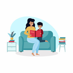 International Children's Book Day. A mother reads a book to a child. Family in the home interior. Vector illustration with people in a flat style.