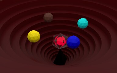 3d illustration of a red glowing cristal with 4 round figures floating around.
