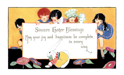 Easter theme, Art deco style, no text, rabbit and girls. Illustration, restored old antique postcard. Vintage drawing circa 1900