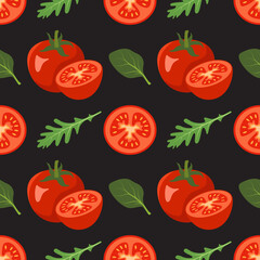 Seamless pattern with tomatoes and leaves of spinach, arugula on black background