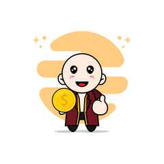 Cute lawyer character holding a coin.