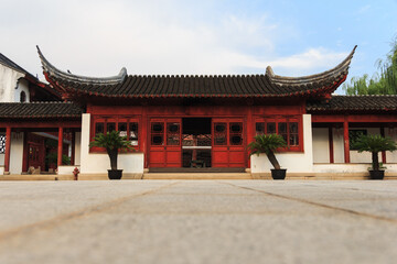 Traditional hall with curved roof in Confucian temple in Shanghai