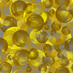 Seamless raster pattern. Golden transparent bubbles of different sizes randomly scattered on a gray background.