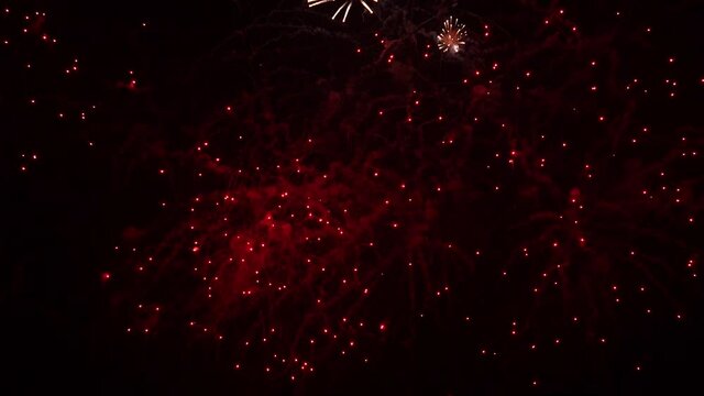 Real Fireworks on Deep Black Background Sky, beautiful colorful Fireworks Shiny Display at Night, 180 FPS slow motion.