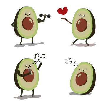 Cute Avocado Cute Character Set Workout, Happy, Love, Sing, Sleep Concept With Watercolor Illustration. Hand Drawn Graphic Creative Cartoon. Childish Print For Nursery, Sticker Doodle.