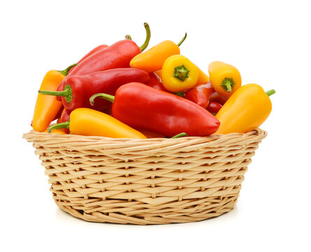 Group Sweet Mini Peppers In Basket On White