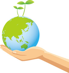 新芽が生えている地球を持つ手のイメージイラスト