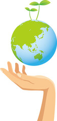 新芽が生えている地球を持つ手のイメージイラスト