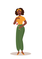 International Women's Day. Cute woman holding a bouquet of flowers in her hands. Spring holiday vector illustration for card, poster, flyer. Girl with a bouquet, african american female 