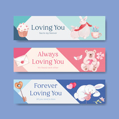 Banner template with loving you concept design for advertise and marketing watercolor vector illustration