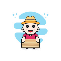 Cute kids character holding a wooden board.