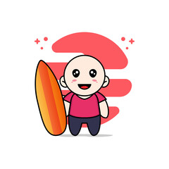 Cute kids character holding a surf board.