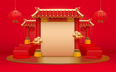 3d Chinese temple gate with stairs
