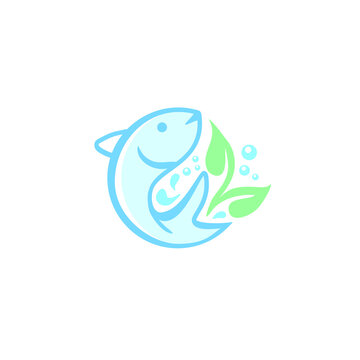 vector illustration fish and leaves, logo for aquaponics.