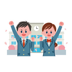 やる気のある学生と校舎のイラスト素材(春)
