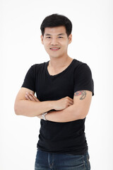 Obraz premium Portrait of young Asian teen man in casual clothing t-shirt on white background