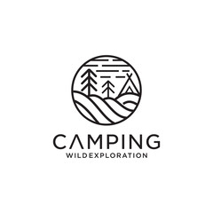 Camping Forest logos consisting of mountains, camp and trees line style isolated for explore emblem, hiking sticker, tourist symbol, travel badge, expedition label, poster, banner, t-shirt