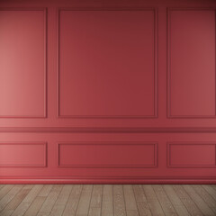 empty red room with wooden floor. classic wall style interior design, 3d rendering