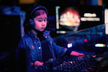 little girl as music dj playing with music turntable in nightclub
