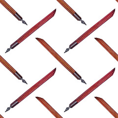 Seamless pattern watercolor hand-drawn antique fountain pen isolated on white background. Art creative tool object for sticker, card, sketchbook, wallpaper