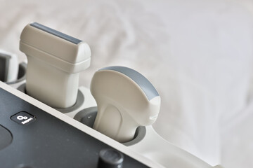 Medical equipment in the clinic. Modern ultrasound machine, scanners and sensors. Detail of computer ultrasound with x-ray in modern medicine
