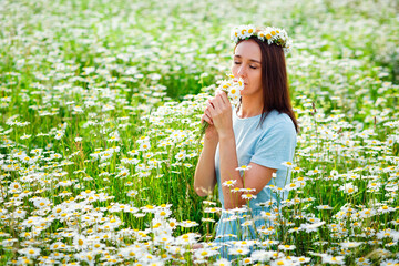 A young brunette with a wreath of daisies on her head in a blue dress is holding a bouquet of flowers, enjoying the aroma of herbs, closing her eyes, sitting on a chamomile field.