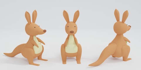 Plasticine statue of kangaroo character In front, side and back view on white background.3d rendered illustration. cute animal and minimal style.isolated.doll,toy,kids.