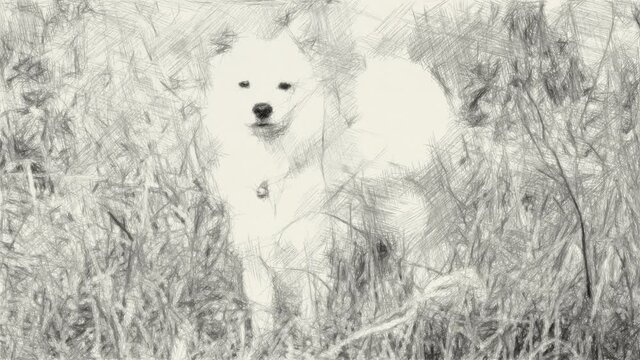 art drawing black and white of cute dog in nature garden
