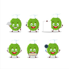 Cartoon character of durian with various chef emoticons